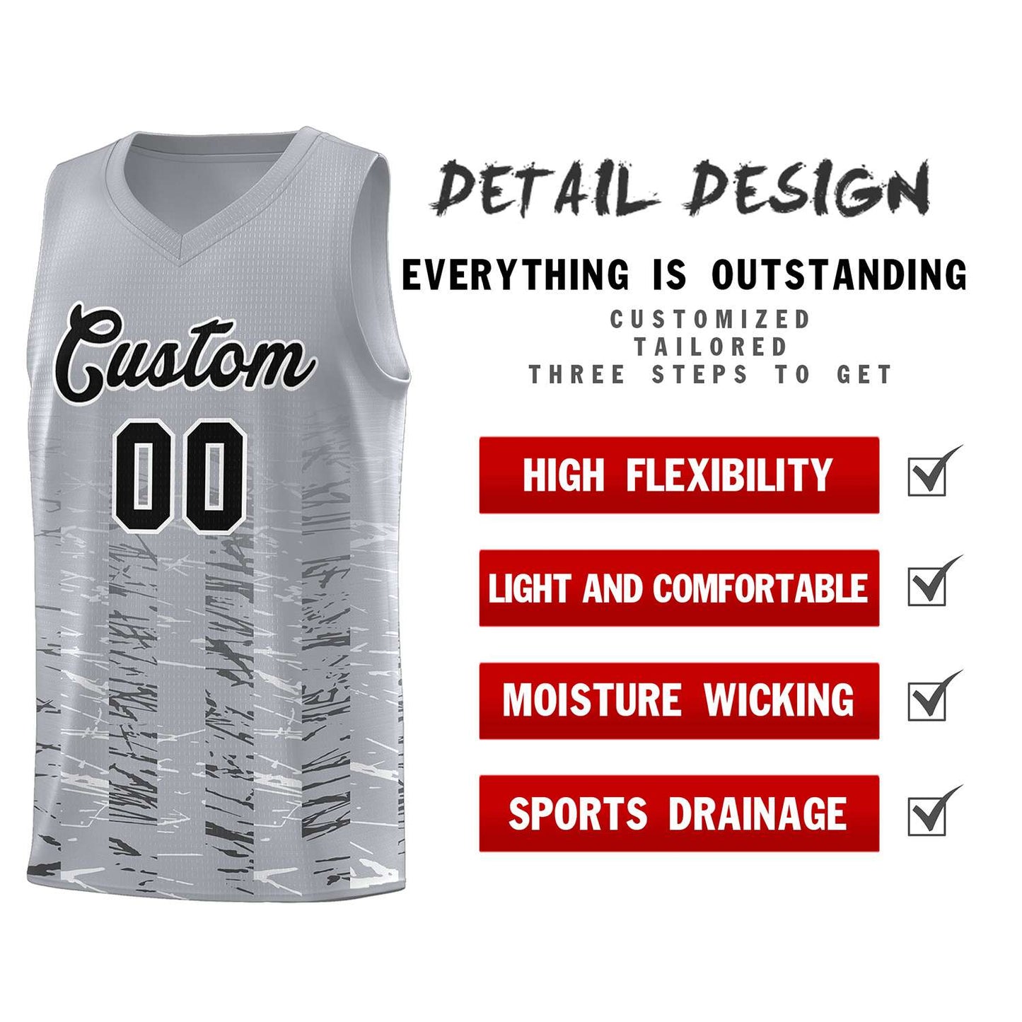 Custom Gray Black Personalized Scratches Pattern Sports Uniform Basketball Jersey Limited