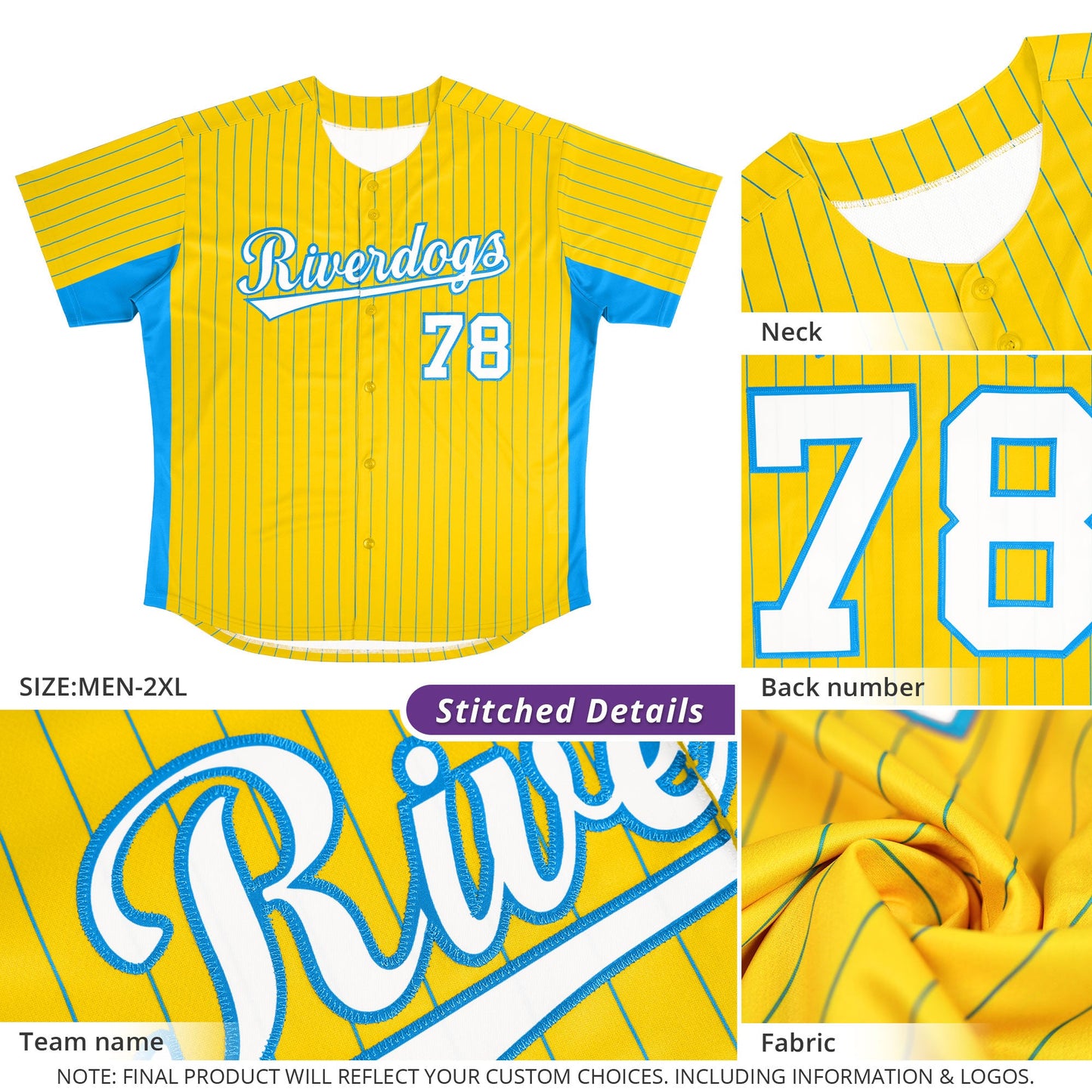 Custom Gold Powder Blue-White Stripe Fashion Design Full Button Authentic Baseball Jersey Limited