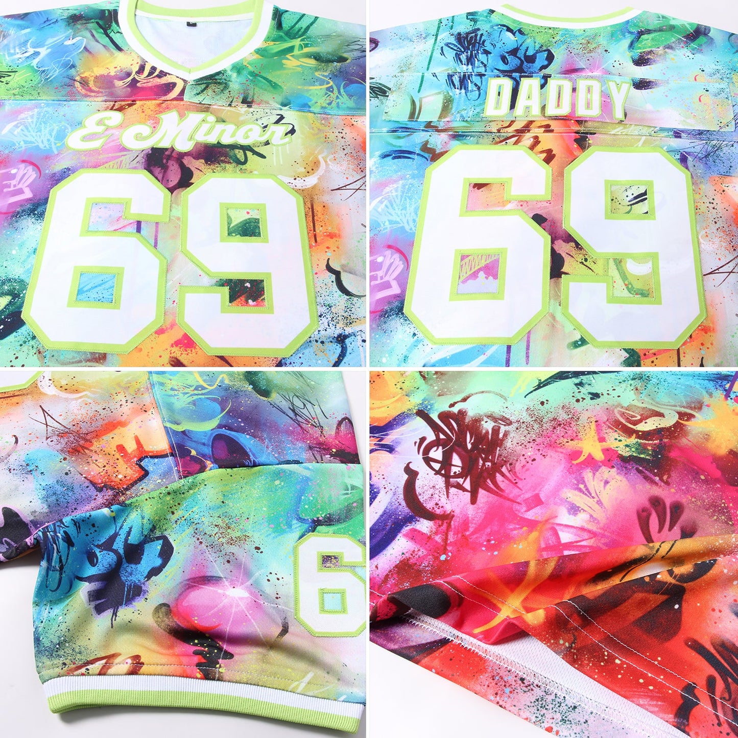 Custom Graffiti Pattern White-Neon Green 3D Mesh Authentic Throwback Football Jersey Limited