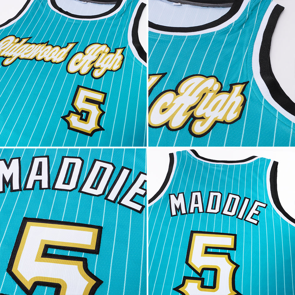 Custom Teal White Pinstripe White-Old Gold Authentic Basketball Jersey Limited