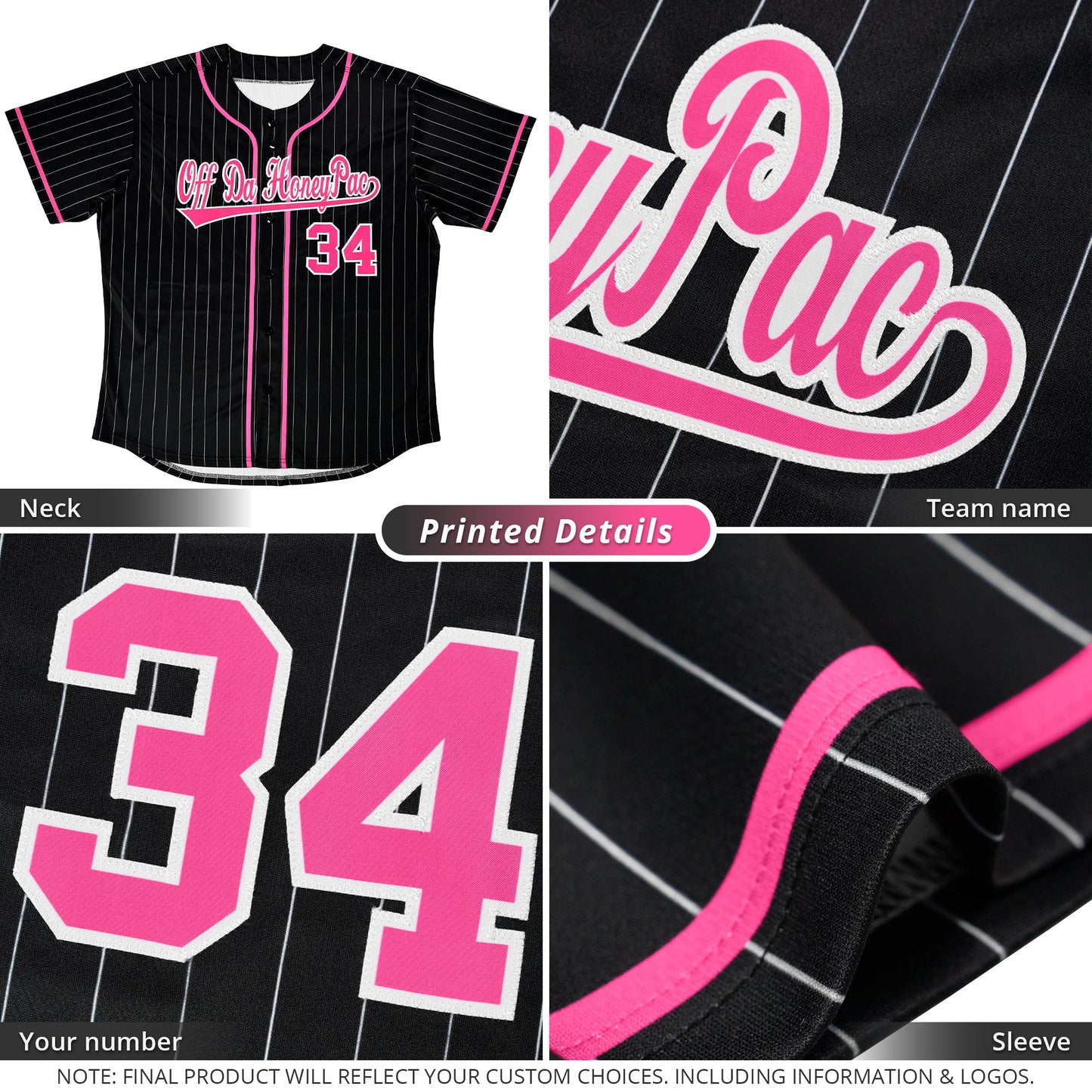 Custom Black Pink-Light Gray Stripe Fashion Design Full Button Authentic Baseball Jersey Limited