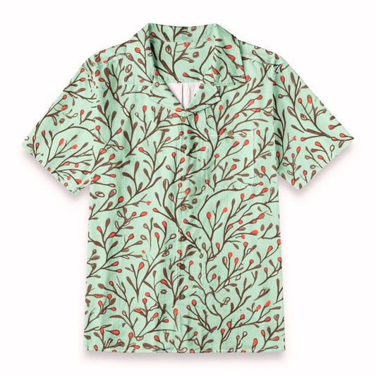 Mint Green Botanical Berry Branch Pattern – Nature Inspired Artistic Tropical Hawaiian Shirt