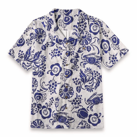 Floral Crab Pattern in Blue & White – Vintage Coastal Hawaiian Shirt