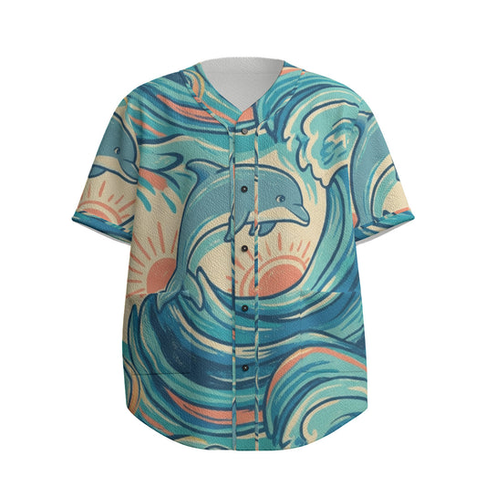 Custom Teal Blue Dolphin Wave Sunrise Ukiyo-e Fashion Textured Baseball Jersey Limited