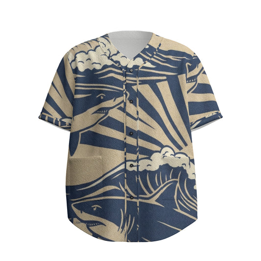 Custom Navy Beige Great White Shark Wave Ukiyo-e Fashion Textured Baseball Jersey Limited