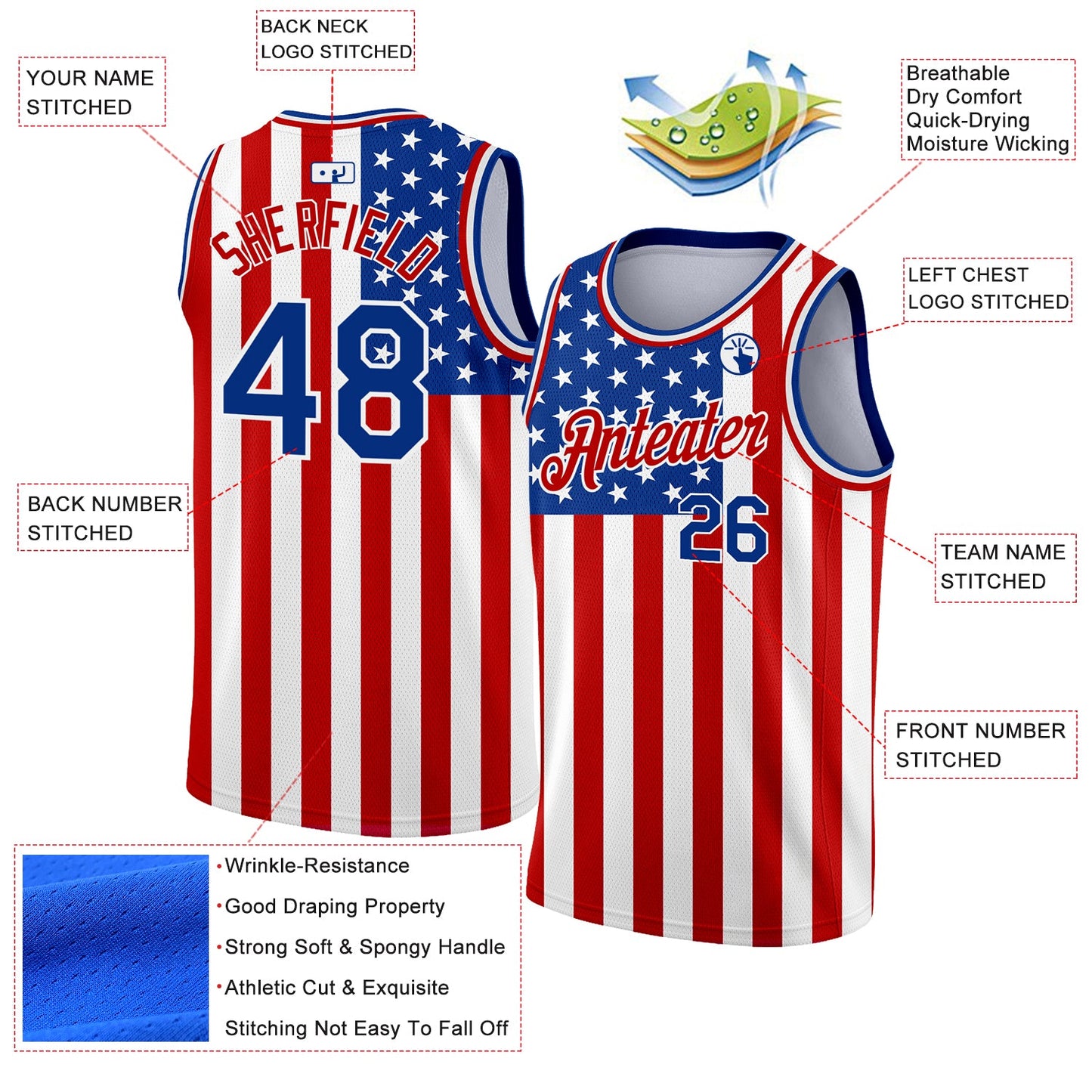 Custom White Royal-Red 3D American Flag Fashion Authentic Basketball Jersey Limited