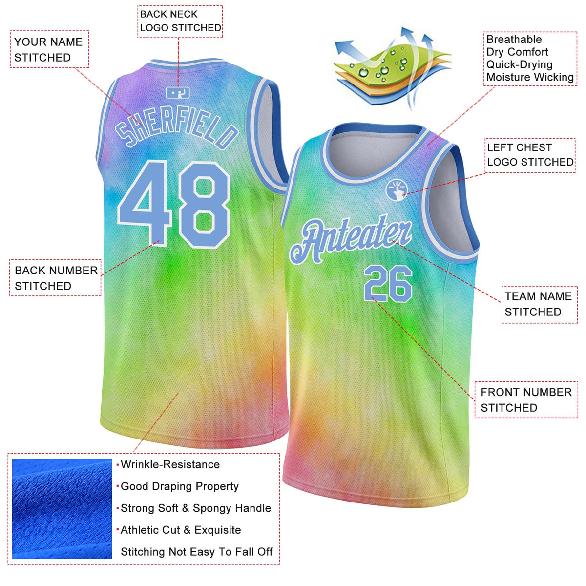 Custom Tie Dye Light Blue-White 3D Rainbow Authentic Basketball Jersey Limited