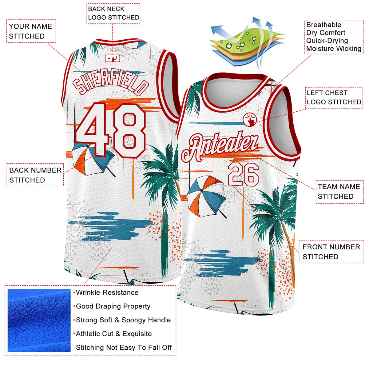 Custom White Red 3D Pattern Tropical Beach Hawaii Palm Trees Authentic Basketball Jersey Limited
