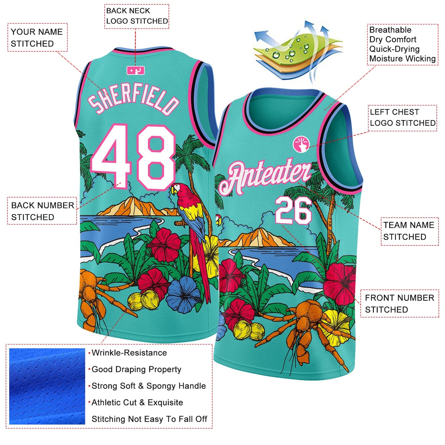 Custom Aqua Pink Light Blue-Black 3D Pattern Tropical Beach Hawaii Palm Trees Authentic Basketball Jersey Limited