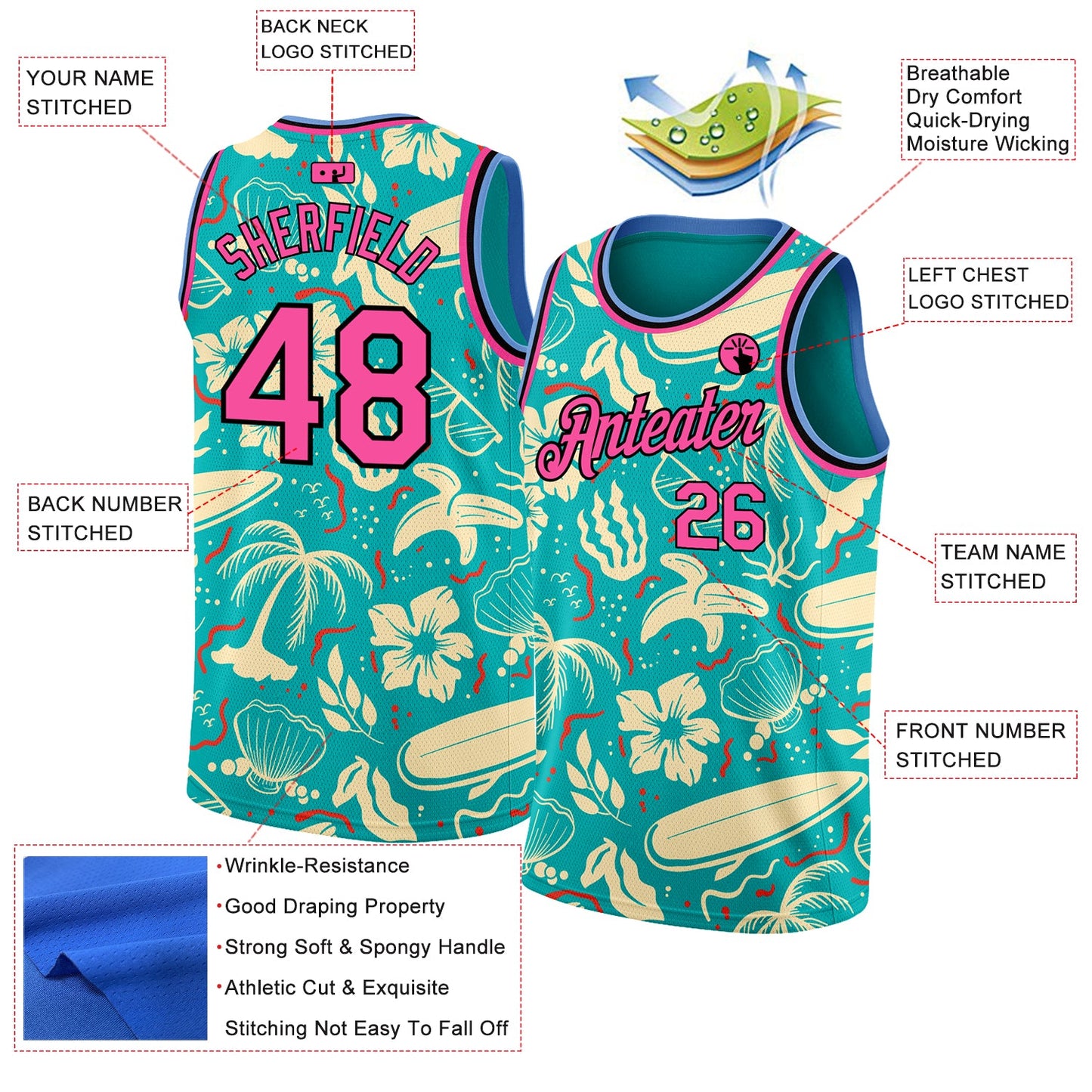 Custom Aqua Pink-Black 3D Pattern Tropical Hawaii Trees Authentic Basketball Jersey Limited