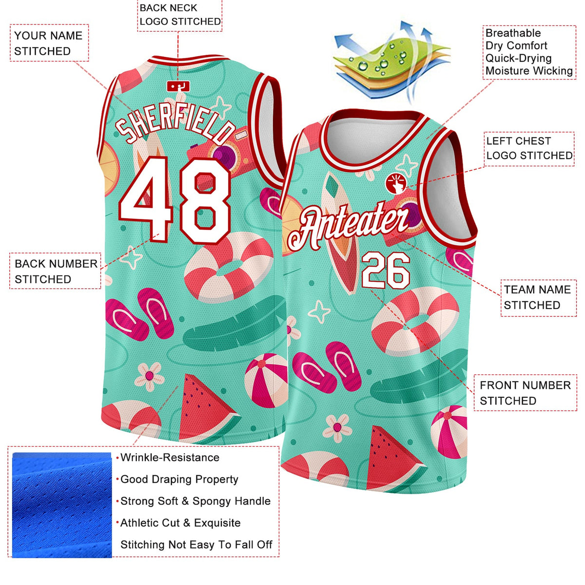 Custom Aqua White-Red 3D Pattern Tropical Hawaii Beach Authentic Basketball Jersey Limited