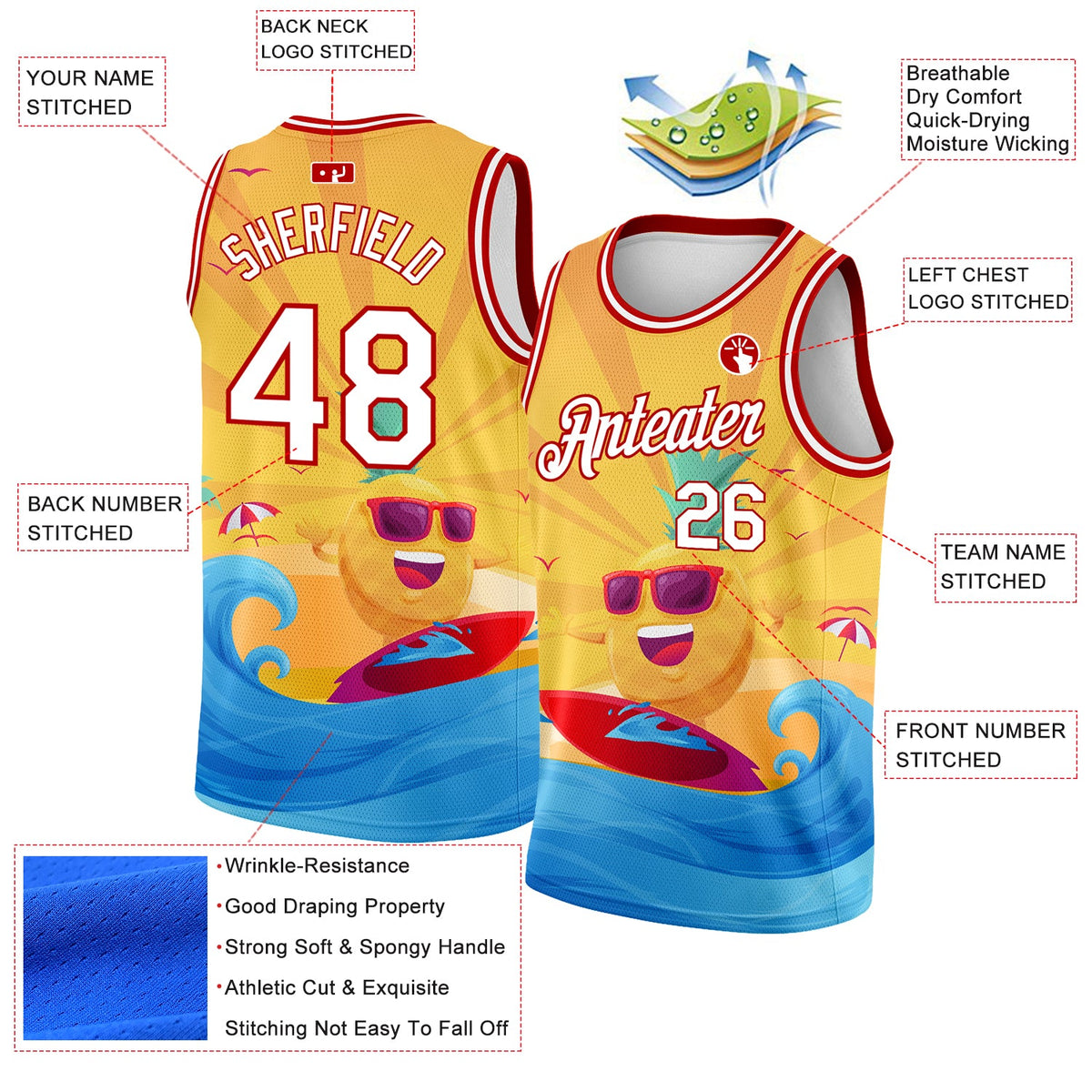 Custom Gold White-Red 3D Pattern Summer Beach Surfing Authentic Basketball Jersey Limited