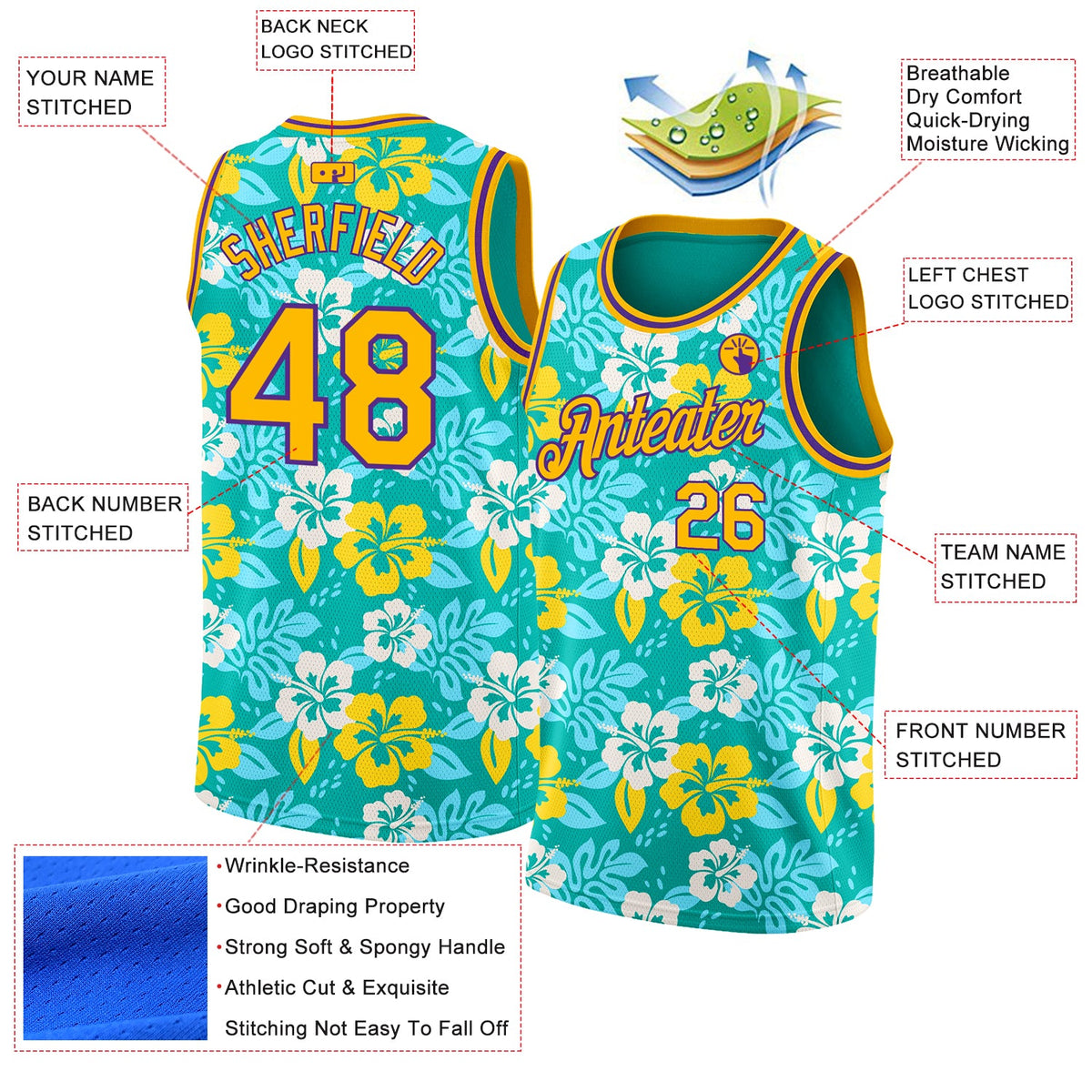 Custom Aqua Gold-Purple 3D Pattern Hawaii Flowers Authentic Basketball Jersey Limited