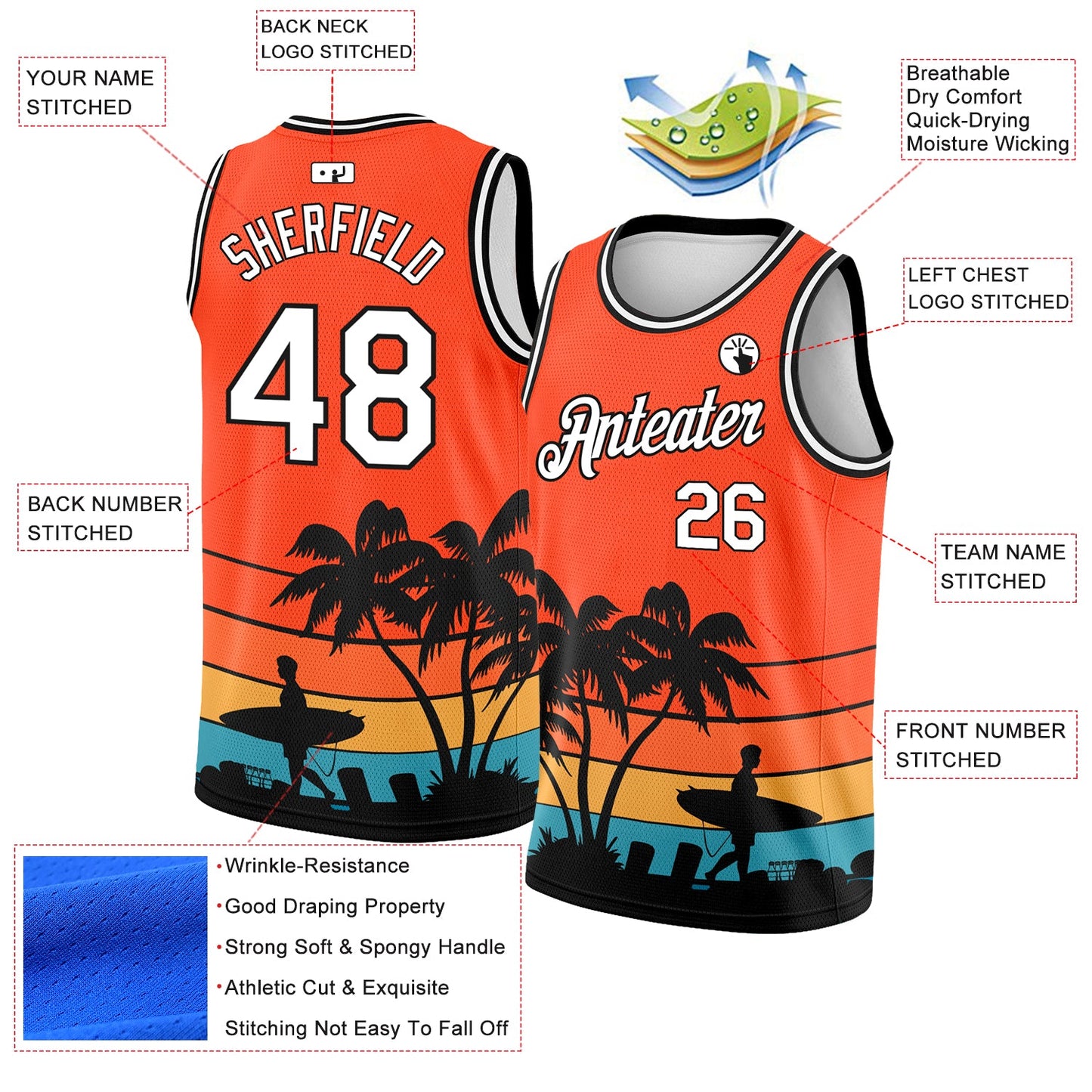 Custom Orange White-Black 3D Pattern Hawaii Beach Palm Trees Authentic Basketball Jersey Limited