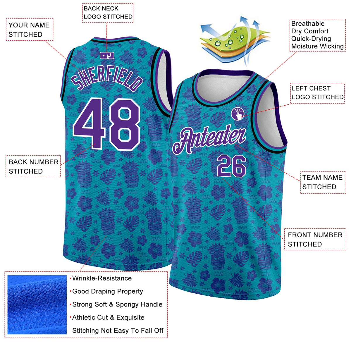 Custom Teal Purple-White 3D Pattern Hawaii Palm Trees Authentic Basketball Jersey Limited