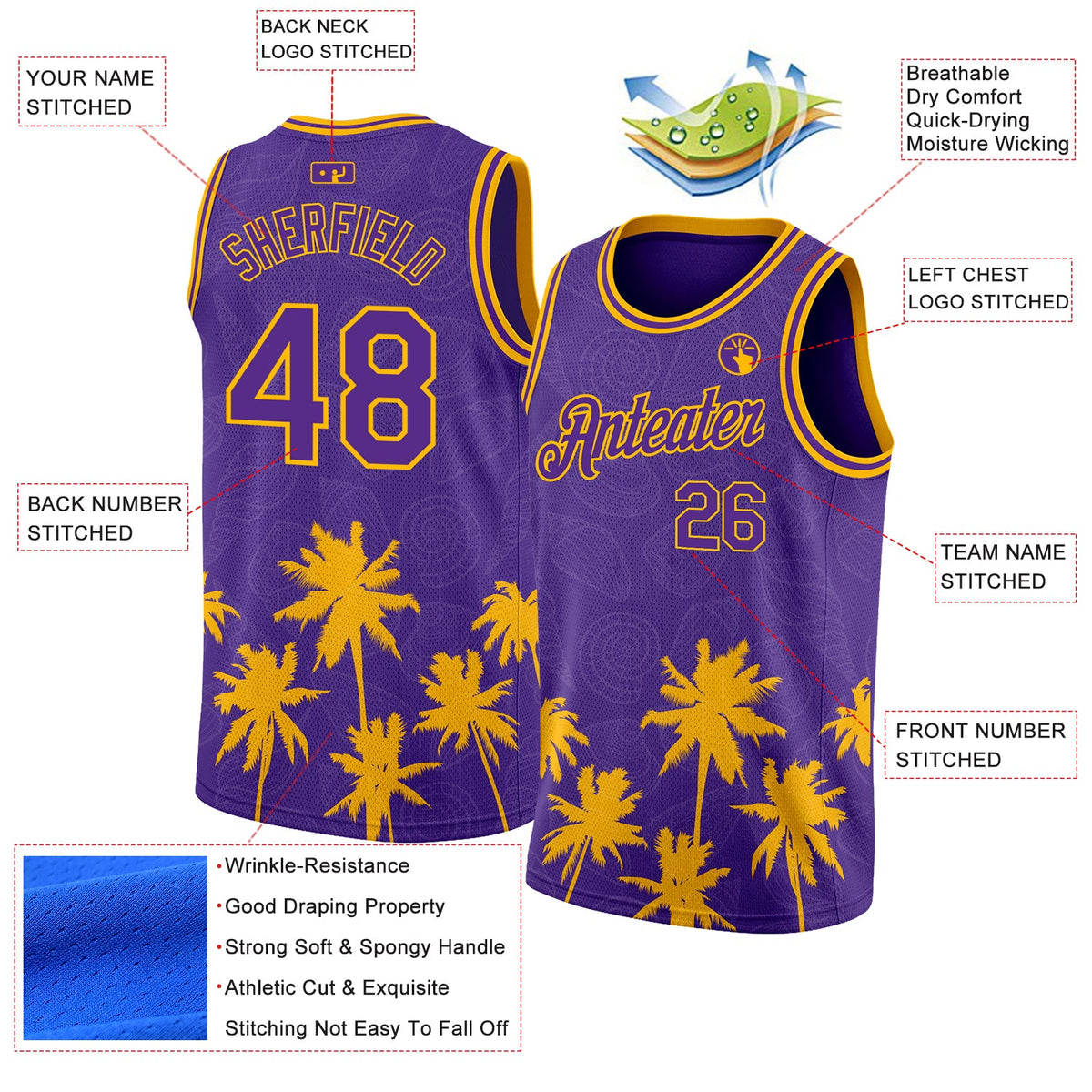 Custom Purple Gold 3D Pattern Hawaii Palm Trees Authentic Basketball Jersey Limited