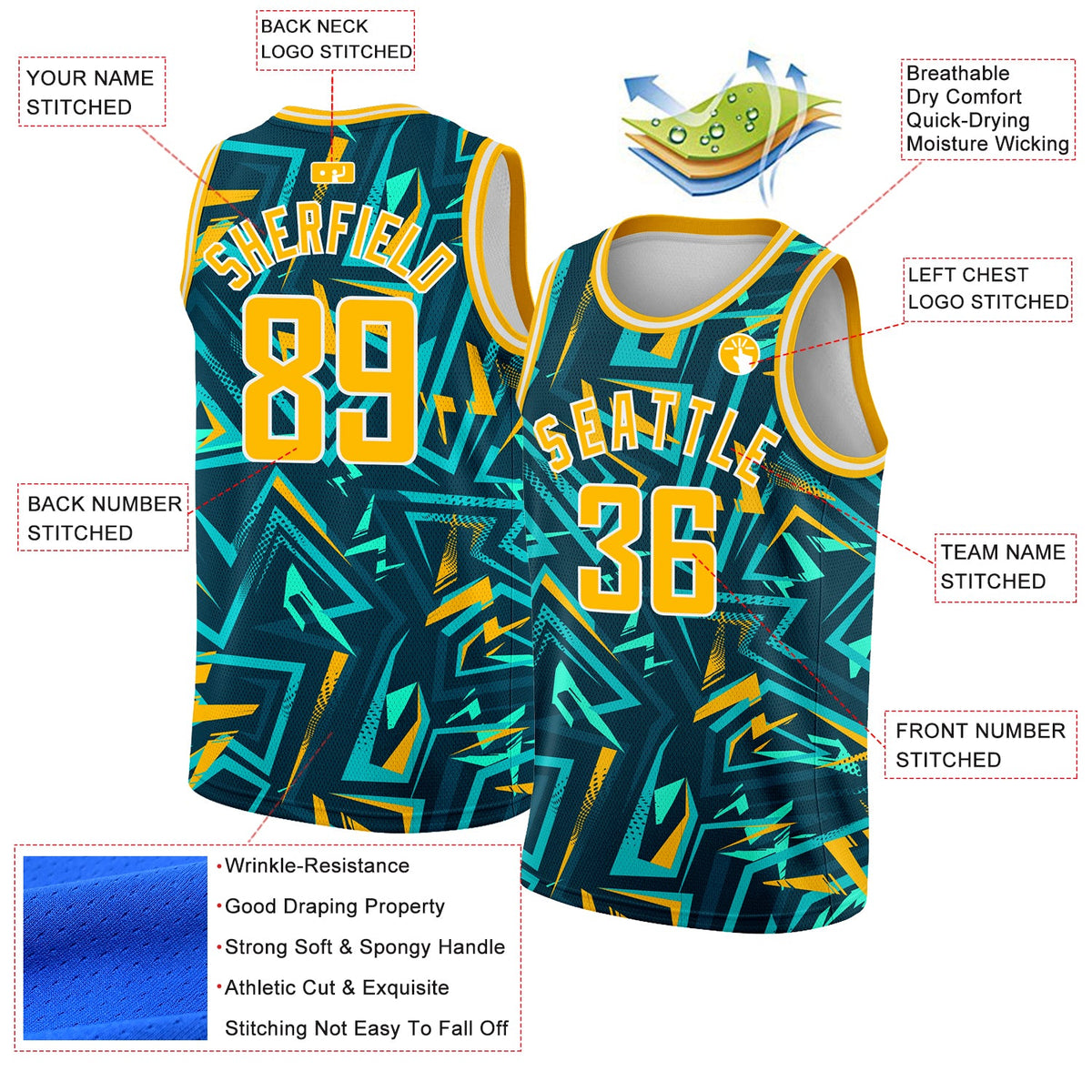 Custom Green Gold-White 3D Pattern Design Abstract Grunge Art Authentic Basketball Jersey Limited