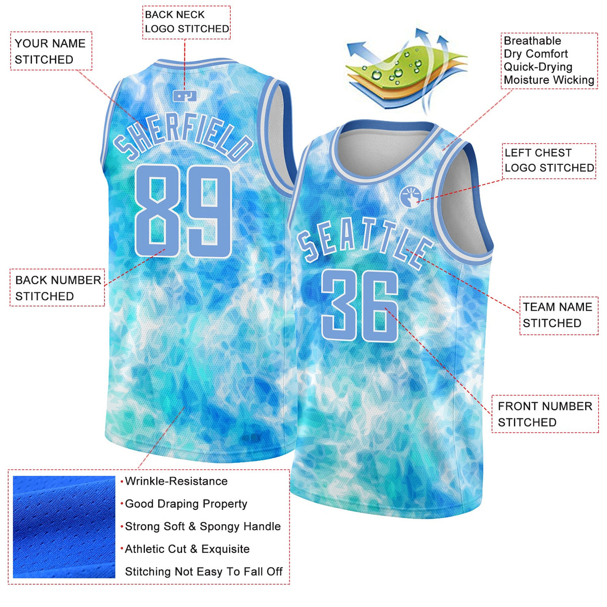 Custom Tie Dye Light Blue-White 3D Authentic Basketball Jersey Limited