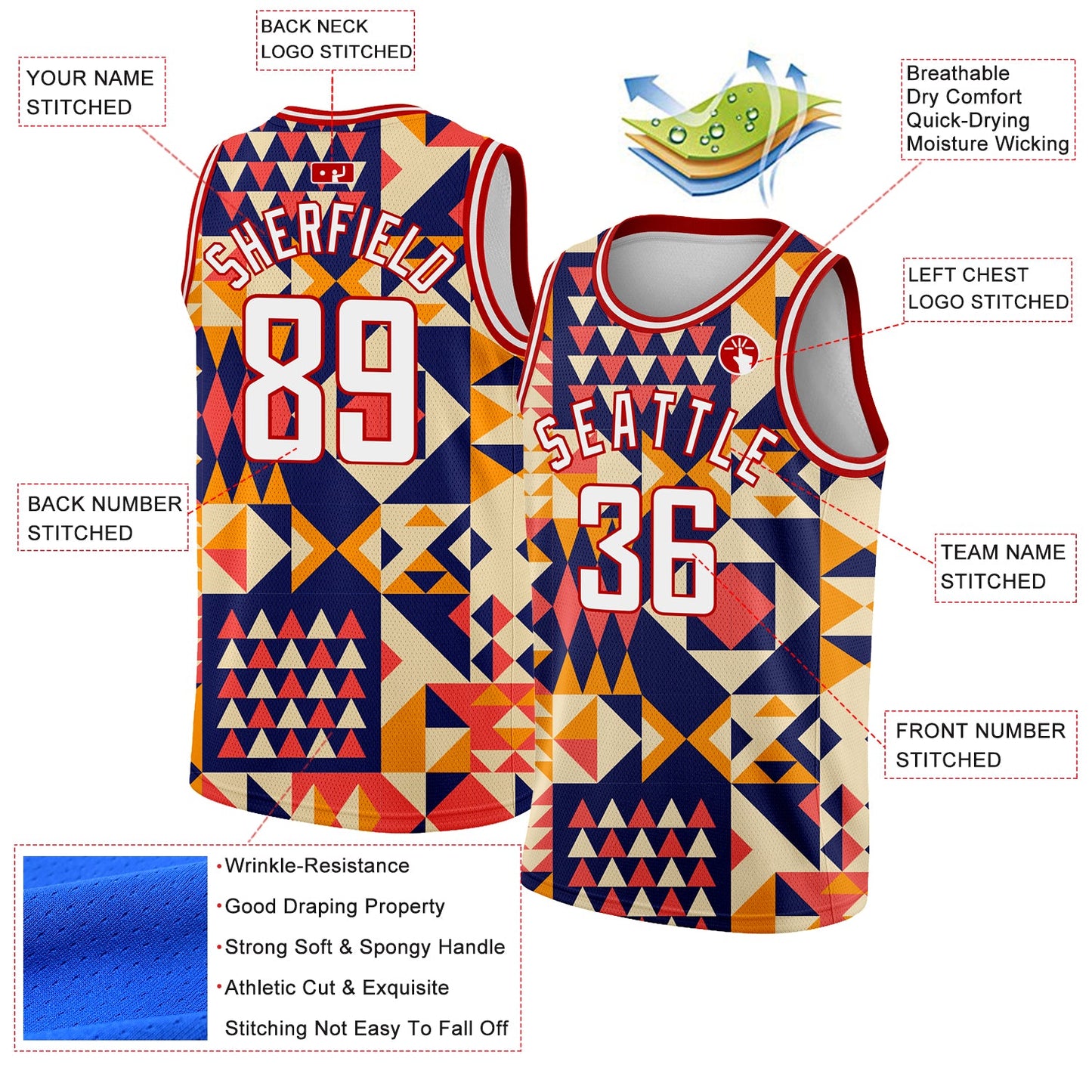Custom Navy White-Red 3D Pattern Design Geometric Shapes Authentic Basketball Jersey Limited