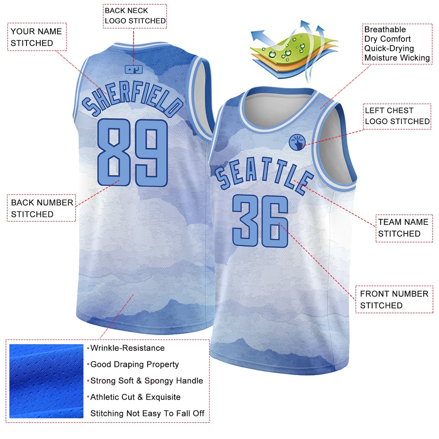 Custom White Light Blue-Royal 3D Pattern Design Sky With Clouds Watercolor Style Authentic Basketball Jersey Limited