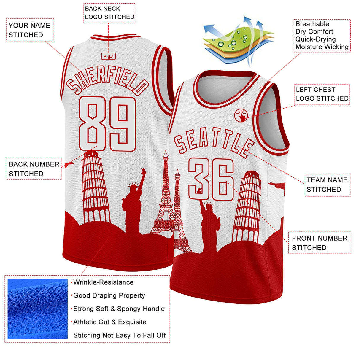 Custom White Red Holiday Travel Monuments Silhouette Authentic City Edition Basketball Jersey Limited