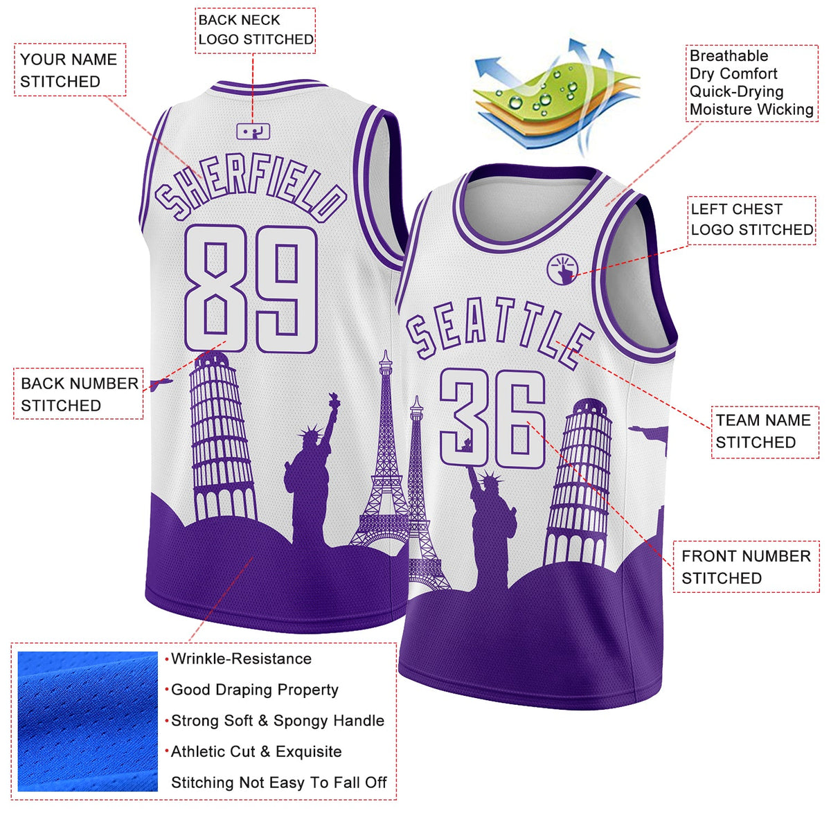 Custom White Purple Holiday Travel Monuments Silhouette Authentic City Edition Basketball Jersey Limited