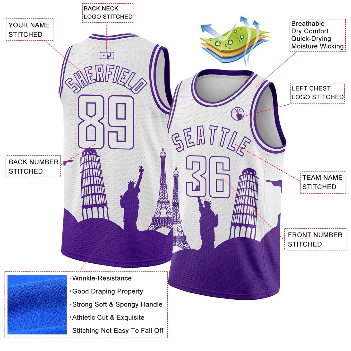 Custom White Purple Holiday Travel Monuments Silhouette Authentic City Edition Basketball Jersey Limited