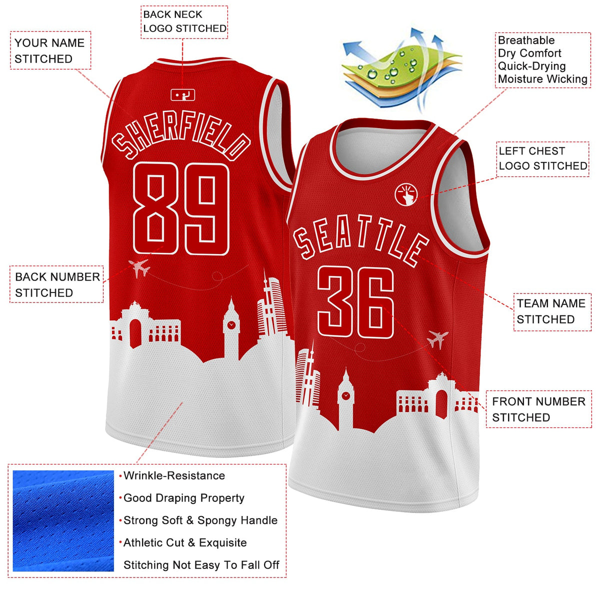 Custom Red White Holiday Travel Monuments Silhouette Authentic City Edition Basketball Jersey Limited