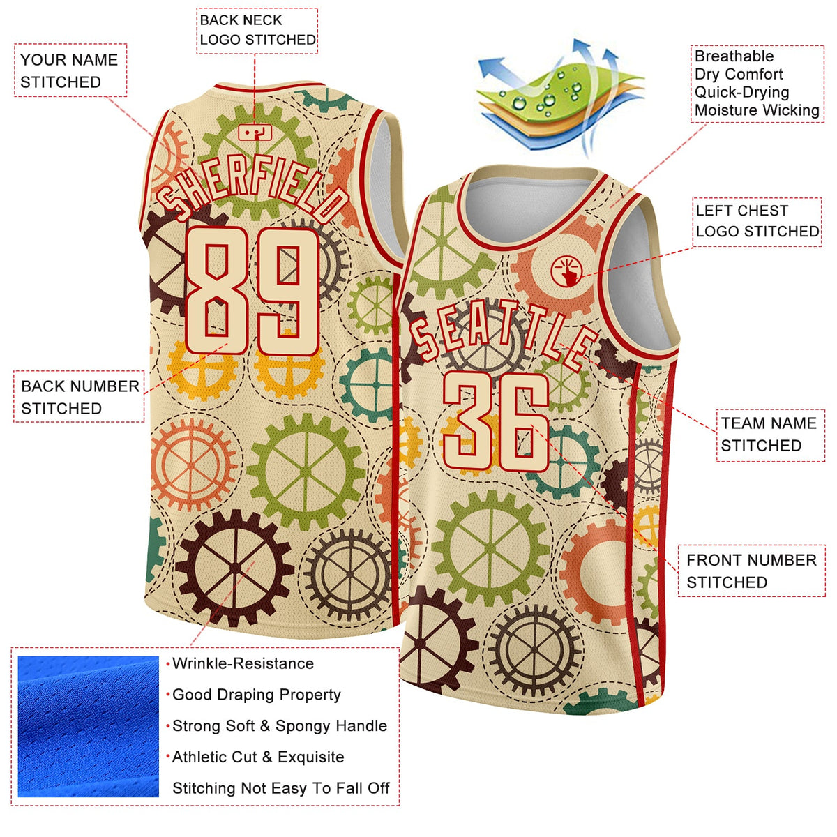 Custom Cream Red 3D Pattern Design Vintage Gears Authentic Basketball Jersey Limited