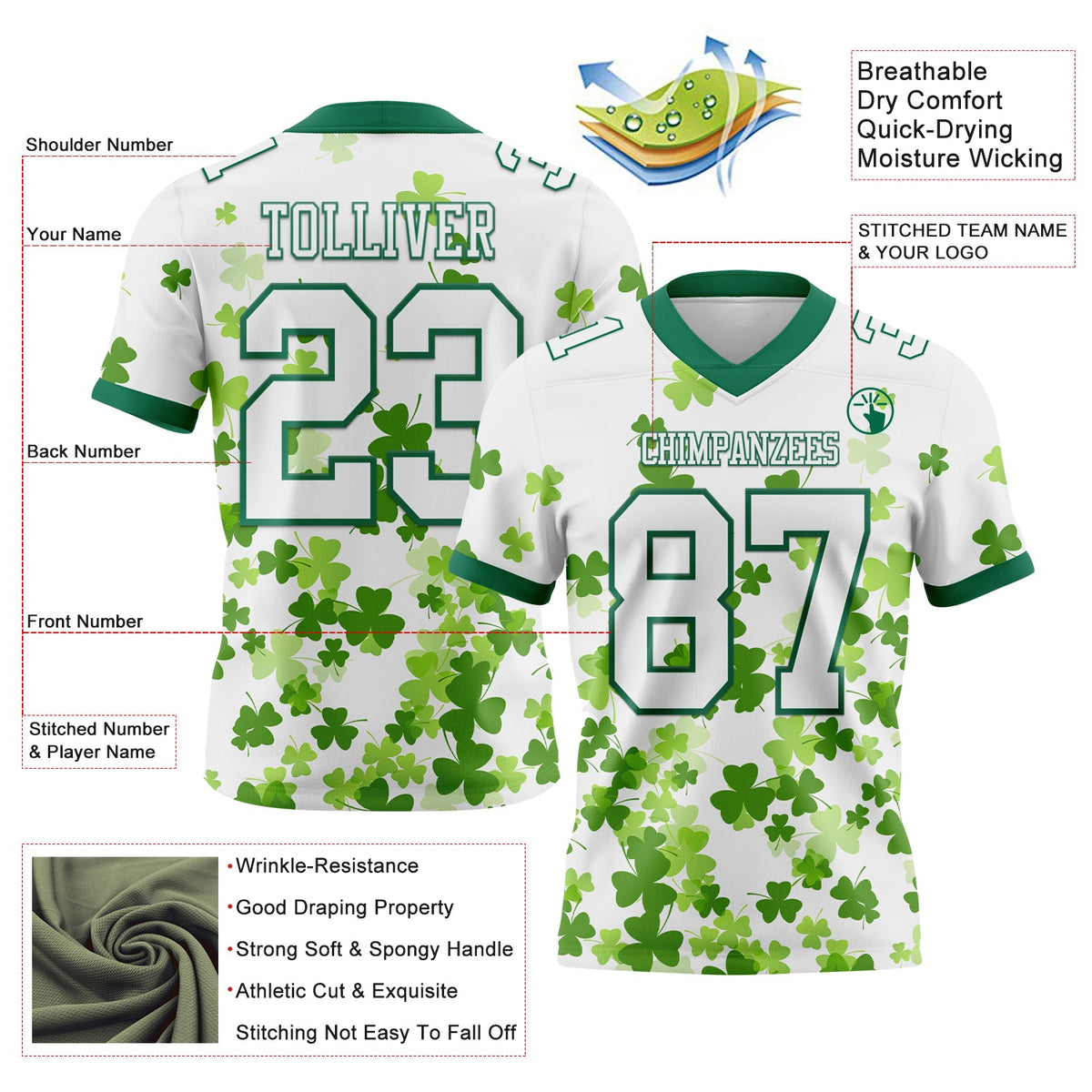 Custom White Kelly Green 3D Pattern St. Patrick'S Day Authentic Football Jersey Limited