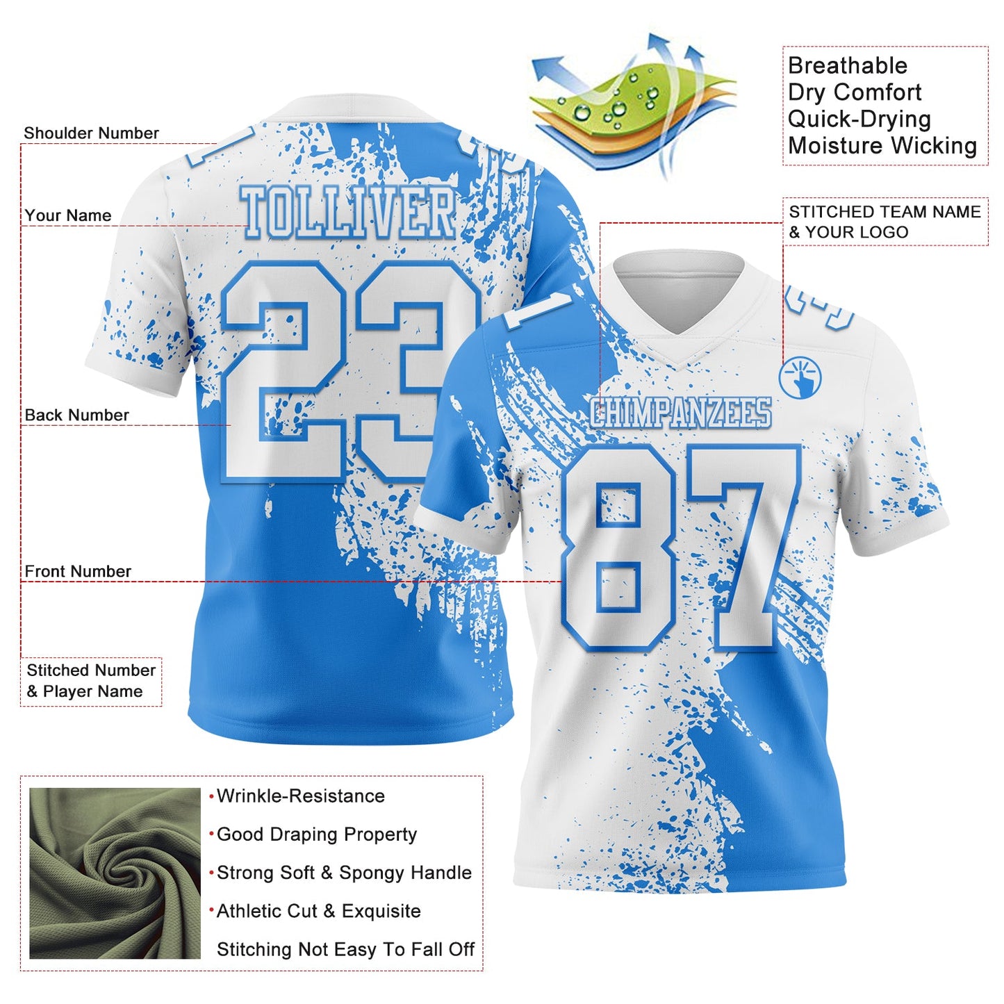 Custom White Powder Blue 3D Pattern Abstract Brush Stroke Authentic Football Jersey Limited
