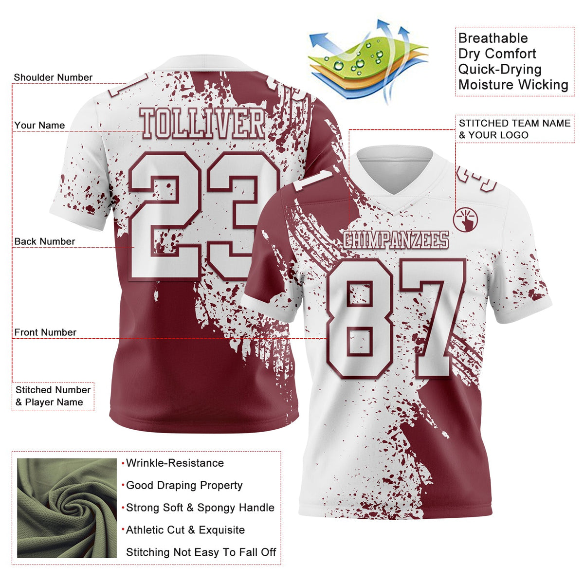 Custom White Burgundy 3D Pattern Abstract Brush Stroke Authentic Football Jersey Limited