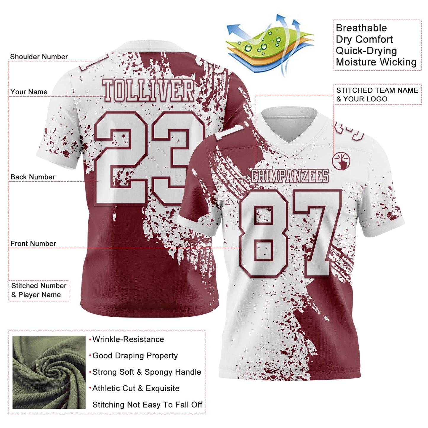 Custom White Burgundy 3D Pattern Abstract Brush Stroke Authentic Football Jersey Limited