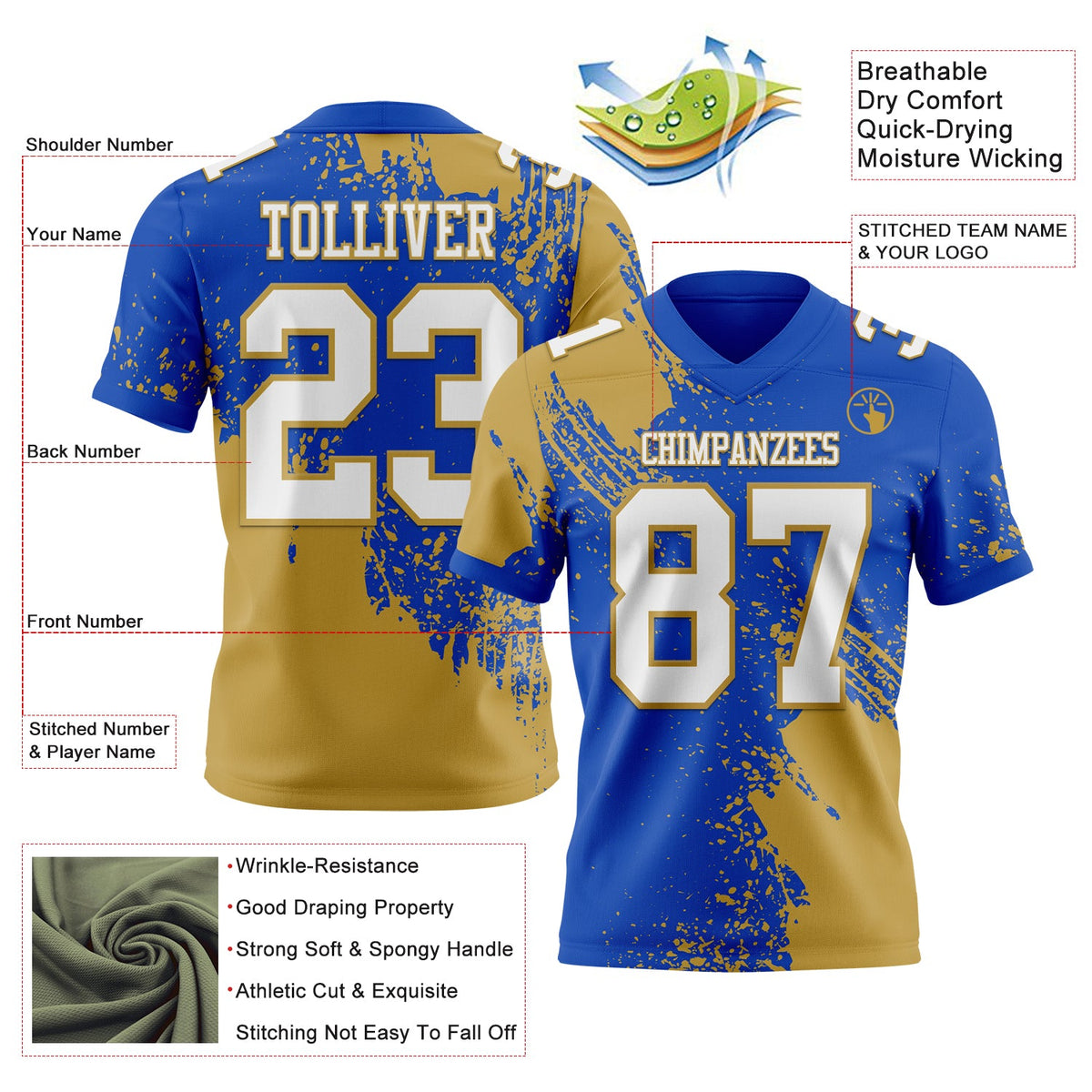Custom Thunder Blue White-Old Gold 3D Pattern Abstract Brush Stroke Authentic Football Jersey Limited