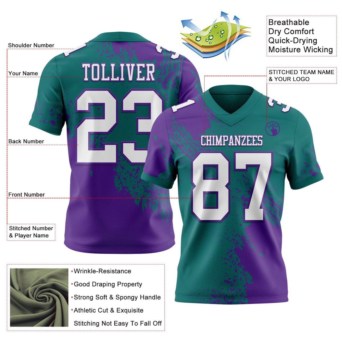 Custom Teal White-Purple 3D Pattern Abstract Brush Stroke Authentic Football Jersey Limited