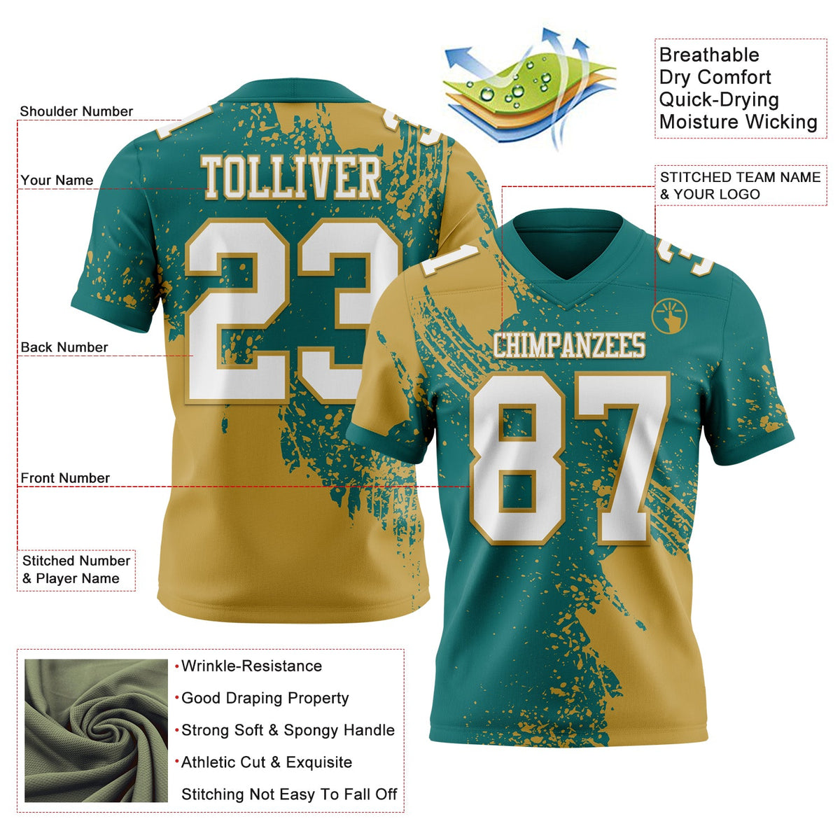 Custom Teal White-Old Gold 3D Pattern Abstract Brush Stroke Authentic Football Jersey Limited