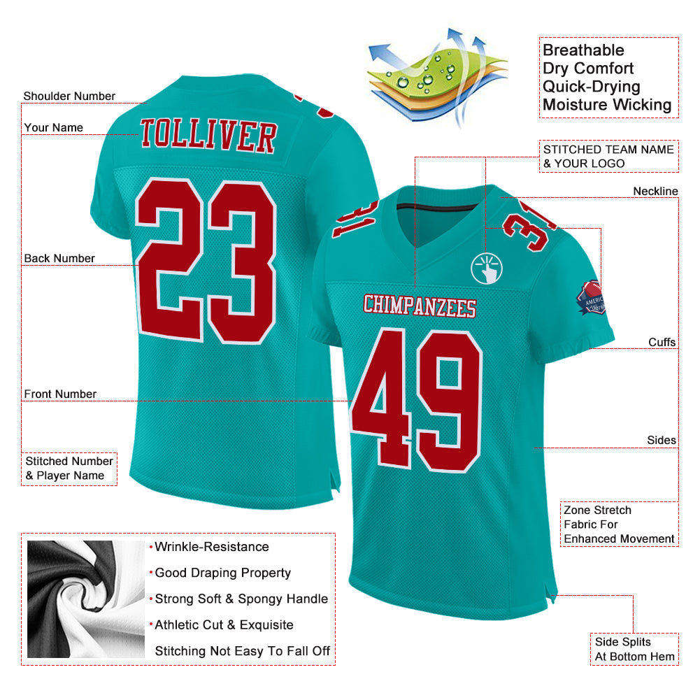 Custom Aqua Red-White Mesh Authentic Football Jersey Limited