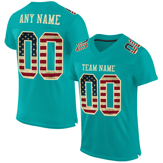 Custom Aqua Vintage USA Flag-City Cream Mesh Authentic Football Jersey Limited