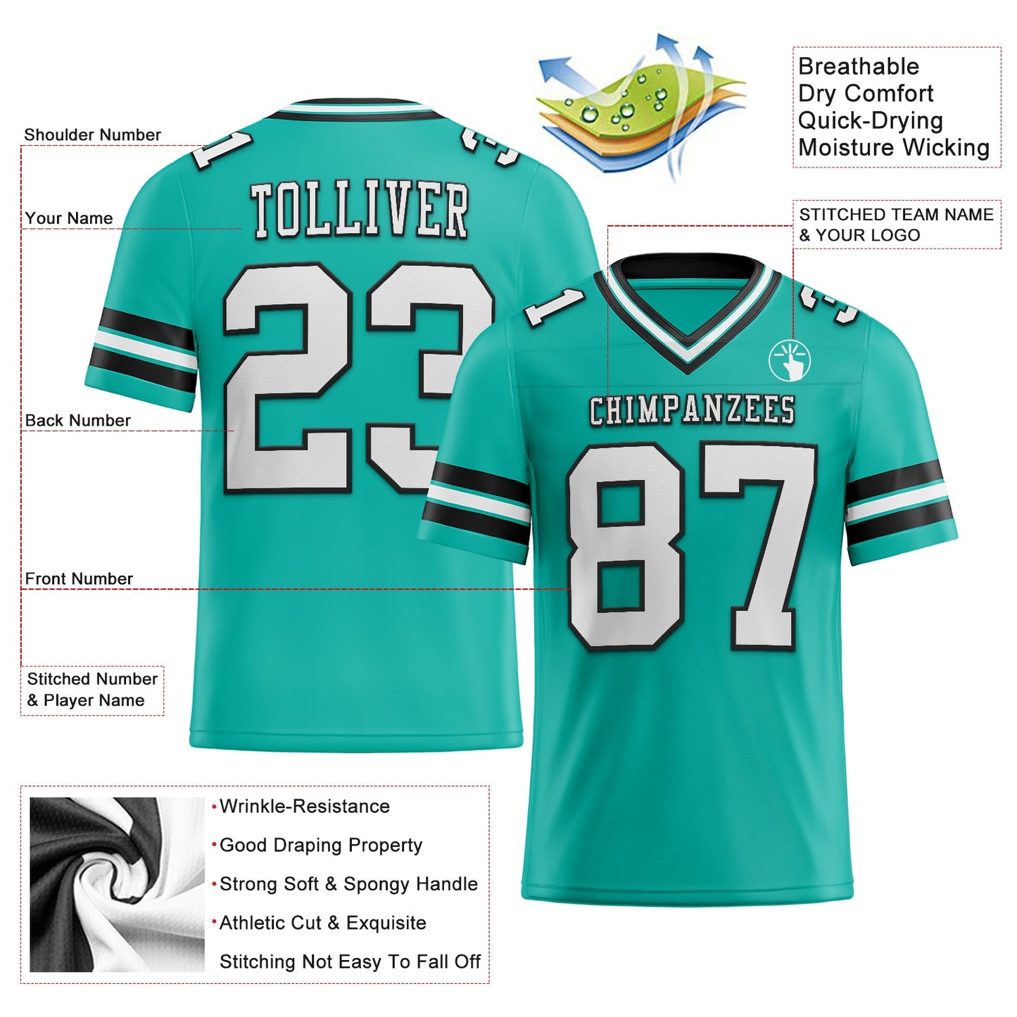 Custom Aqua White-Black Mesh Authentic Football Jersey Limited