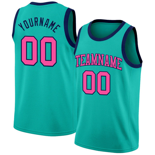 Custom Aqua Pink-Navy Authentic Basketball Jersey
