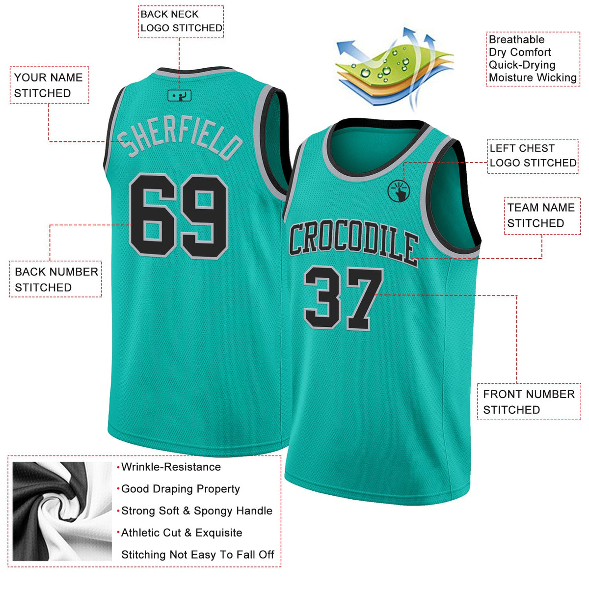 Custom Aqua Black-Gray Authentic Basketball Jersey Limited