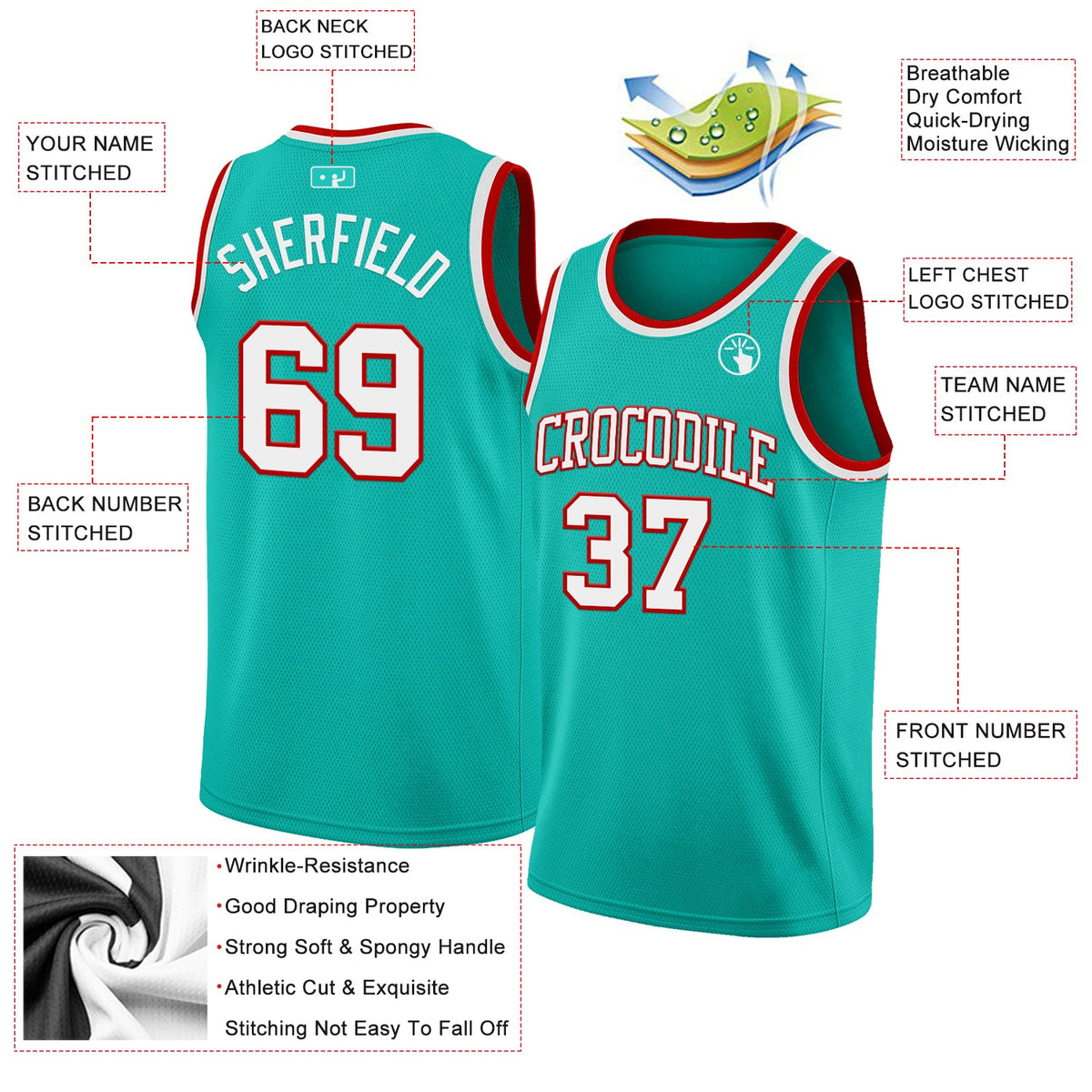 Custom Aqua White-Red Authentic Basketball Jersey Limited