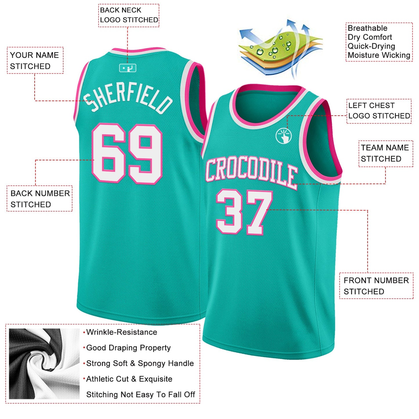 Custom Aqua White-Pink Authentic Basketball Jersey Limited