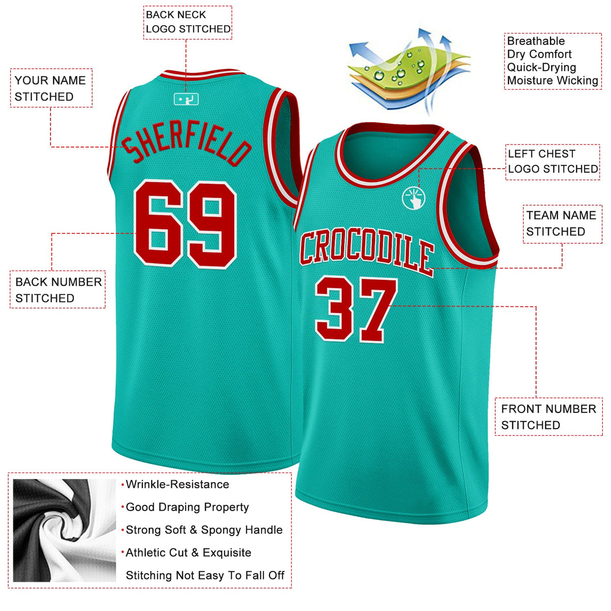 Custom Aqua Red-White Authentic Basketball Jersey Limited