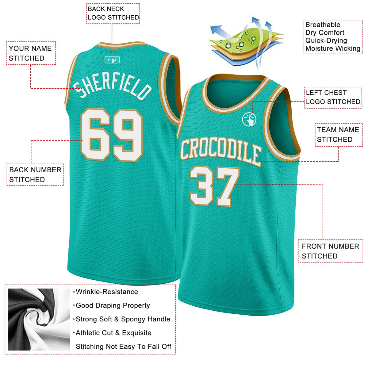 Custom Aqua White-Old Gold Authentic Basketball Jersey Limited