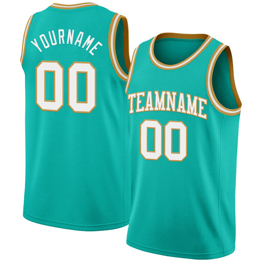 Custom Aqua White-Old Gold Authentic Basketball Jersey