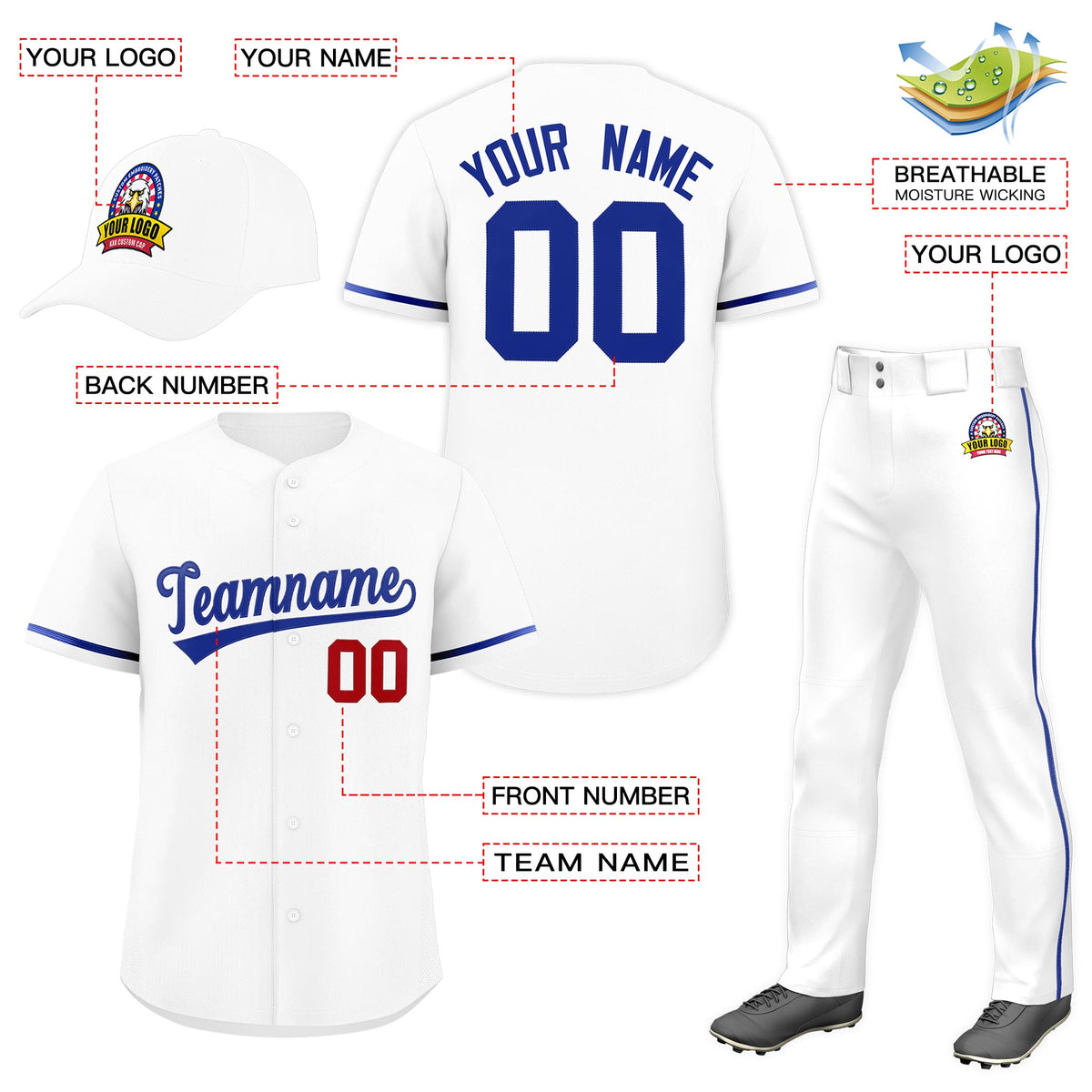 Custom White Royal Blue Classic Style  Baseball Uniform Jersey/Pants/Hat Package For Team Limited