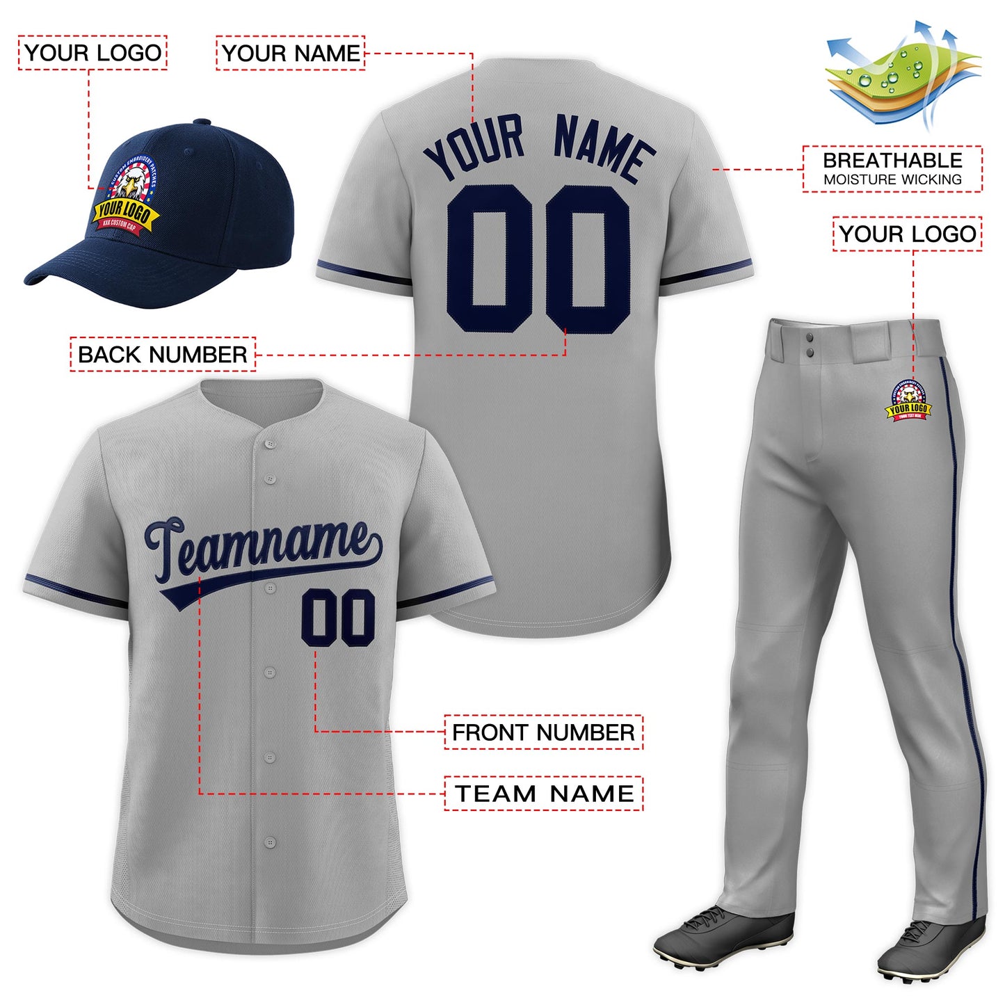 Custom Gray Navy Classic Style  Baseball Uniform Jersey/Pants/Hat Package For Team Limited