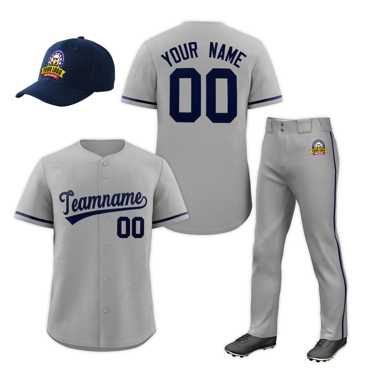Custom Gray Navy Classic Style  Baseball Uniform Jersey/Pants/Hat Package For Team