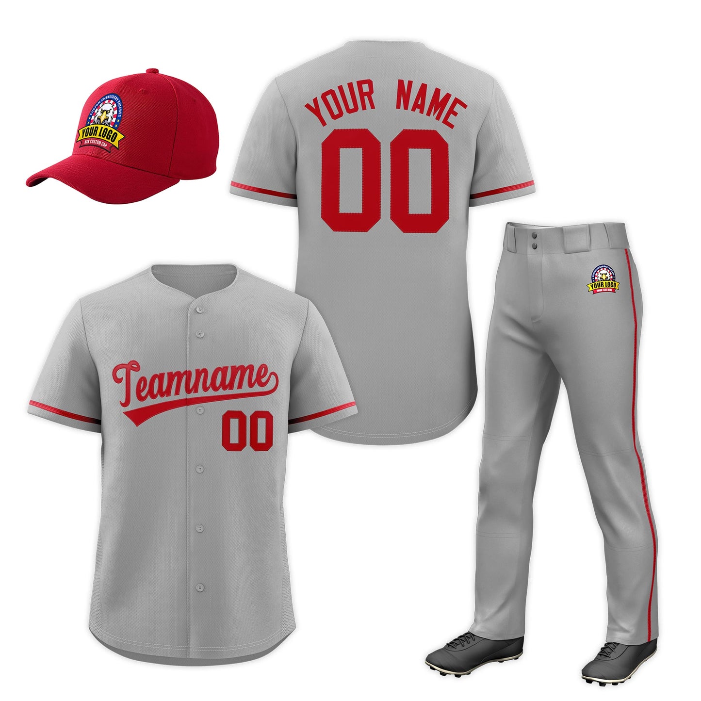 Custom Gray Red Classic Style  Baseball Uniform Jersey/Pants/Hat Package For Team
